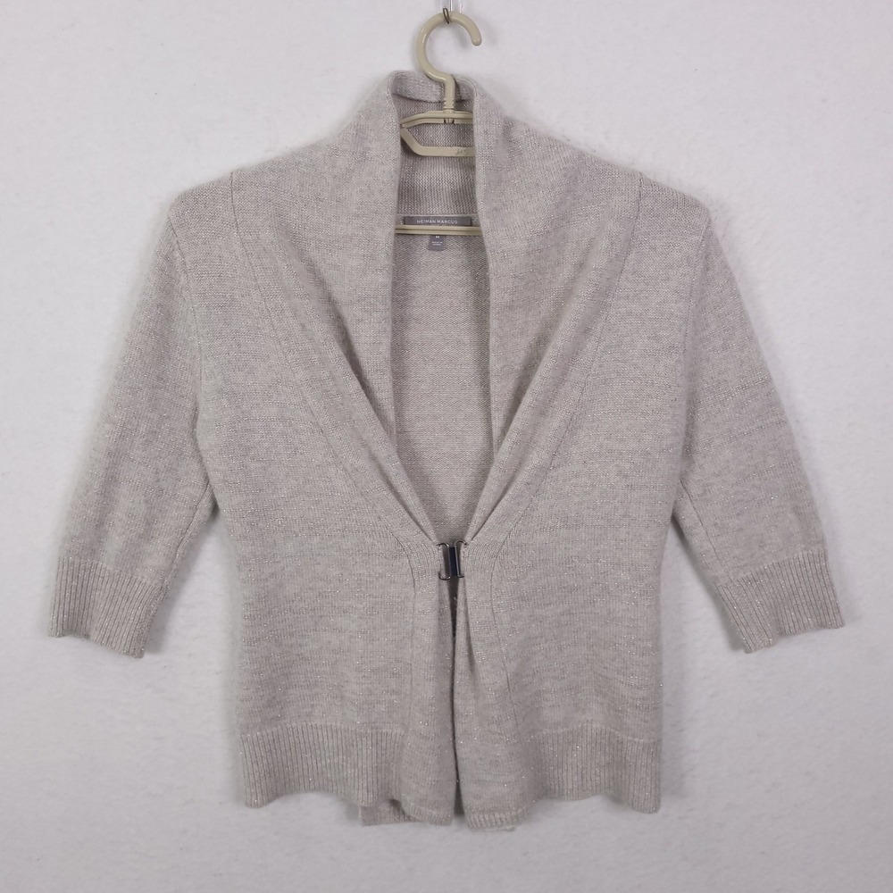 Neiman Marcus Cardigan Women M Gray Cashmere Shimmer Metallic Shawl Sweater